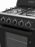 Black gas stove with Euro branding on a white background
