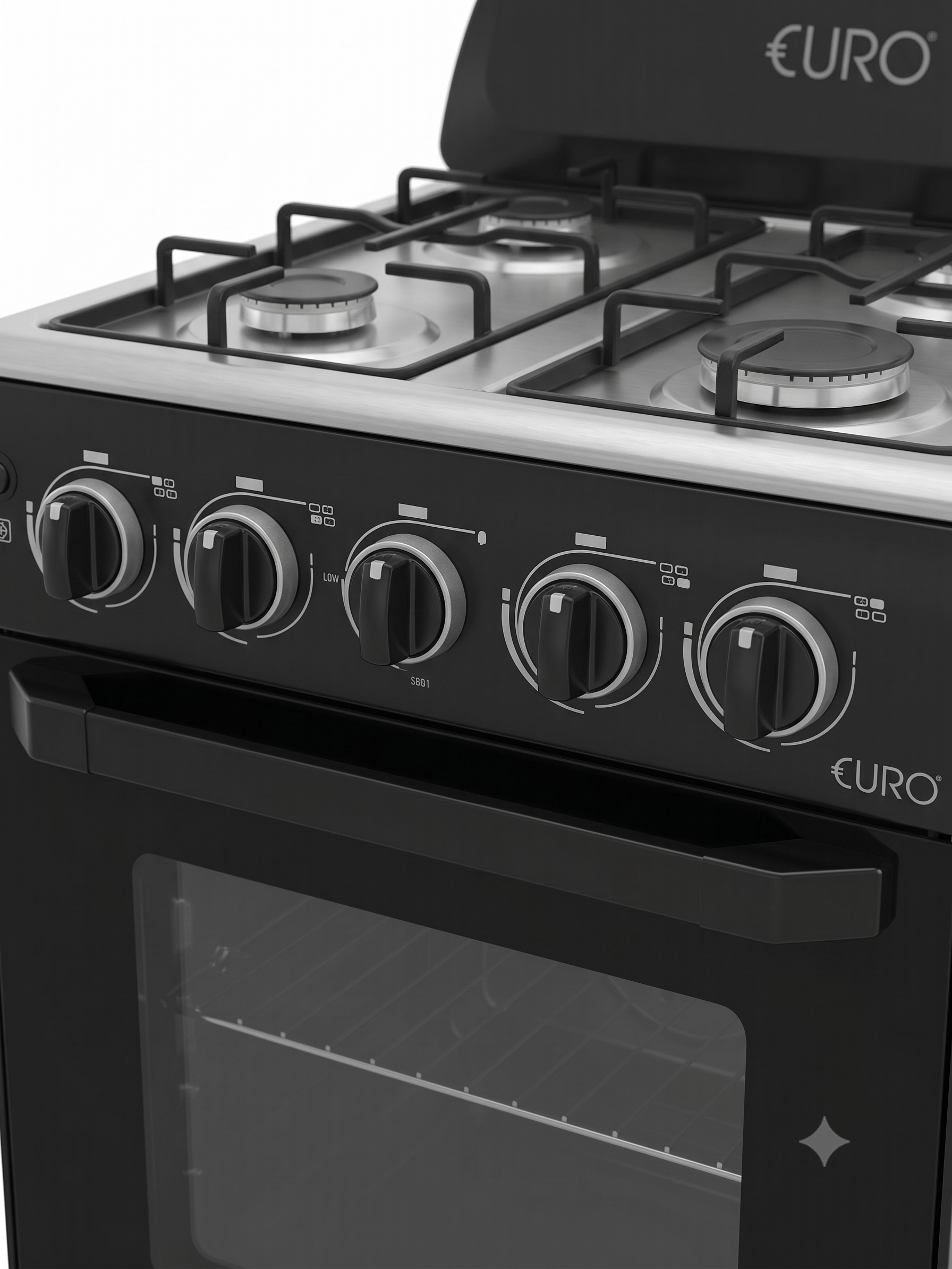 Black gas stove with Euro branding on a white background