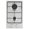 Stainless steel gas hob with two burners on a white background