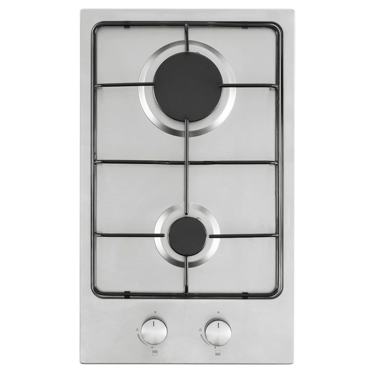 Stainless steel gas hob with two burners on a white background