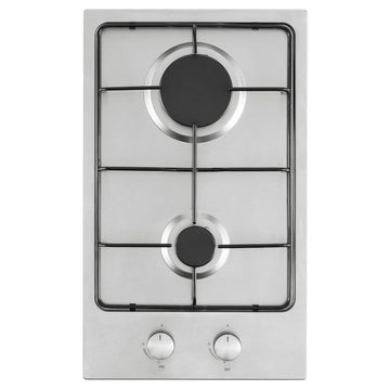 Stainless steel gas hob with two burners on a white background