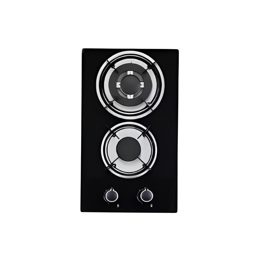 Black glass cooktop with two burners on a white background