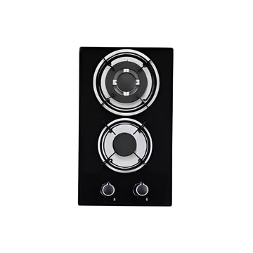 Black glass cooktop with two burners on a white background