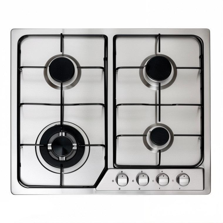 A silver 60cm Euro-style 4-burner gas cooktop with a battery ignition system.