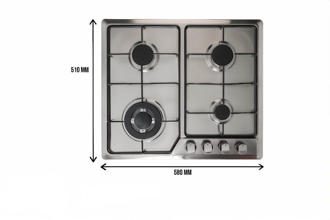 A silver 60cm Euro-style 4-burner gas cooktop with a battery ignition system.