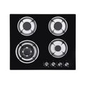 Black glass cooktop with four gas burners on a white background