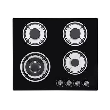 Black glass cooktop with four gas burners on a white background