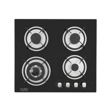 Black gas stove with four burners on a white background