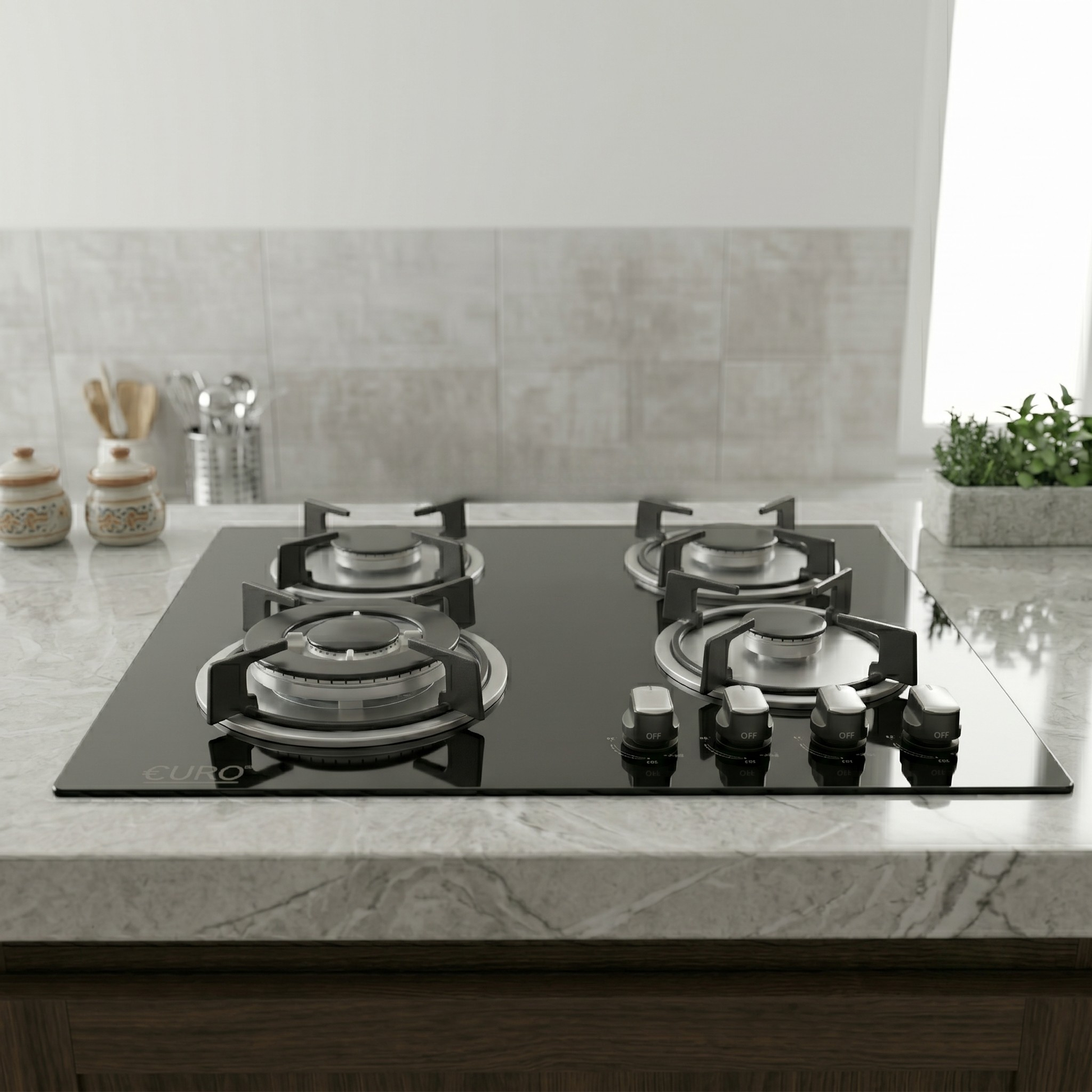 Black gas stove on a kitchen counter with a tiled backsplash