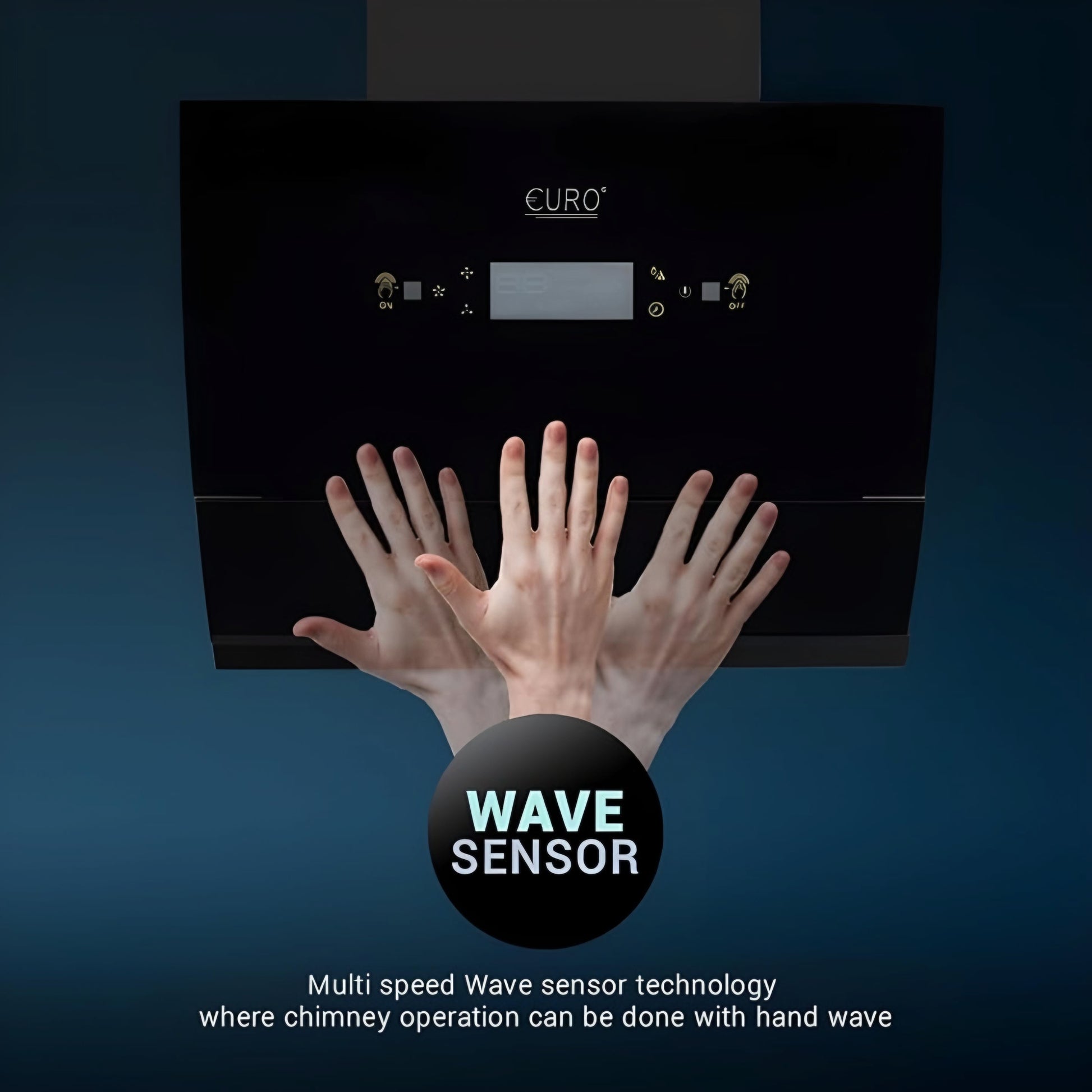 Black chimney with 'Euro' branding and 'Wave Sensor' technology on a dark blue background.