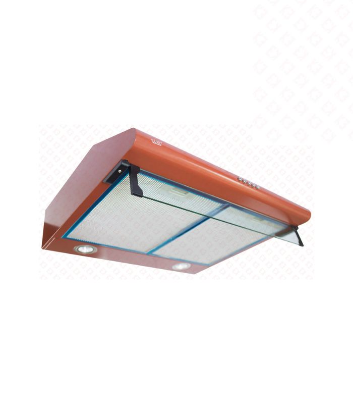 A brown Euro cooker hood with a glass panel and button controls, against a white background.