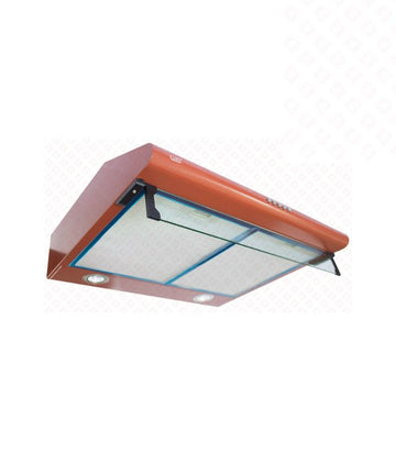 A brown Euro cooker hood with a glass panel and button controls, against a white background.