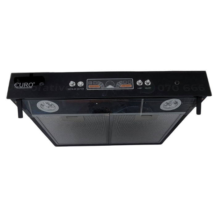 A silver Euro brand cooker hood with glass panels and push buttons on the front.