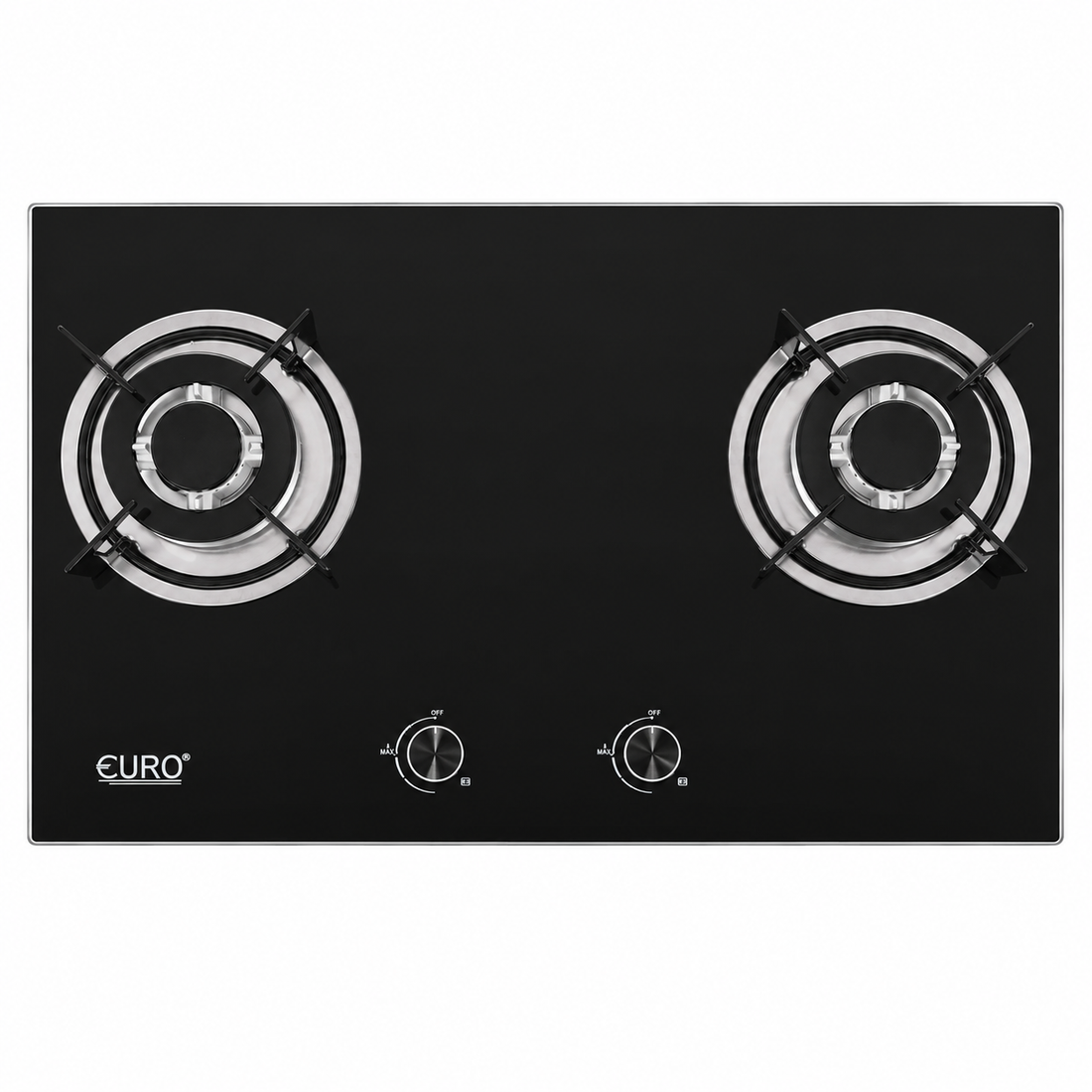 A black glass gas stove top with two burners, silver metal burner grates, and two control knobs on a white background.