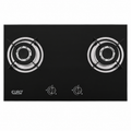 A black glass gas stove top with two burners, silver metal burner grates, and two control knobs on a white background.