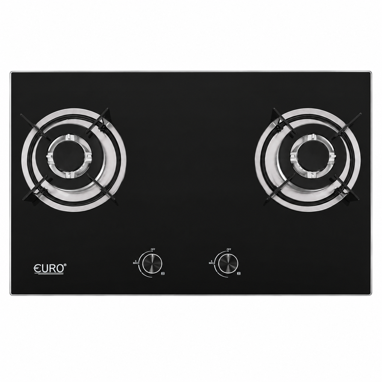 A black glass gas stove top with two burners, silver metal burner grates, and two control knobs on a white background.