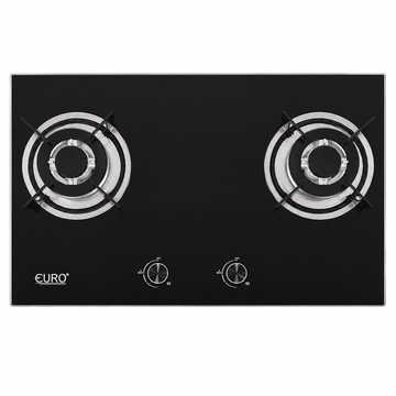 A black glass gas stove top with two burners, silver metal burner grates, and two control knobs on a white background.