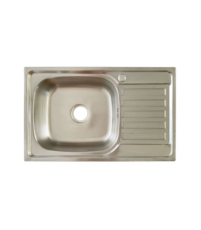 A single bowl, sleek design stainless steel sink with a template and mounting hardware included.