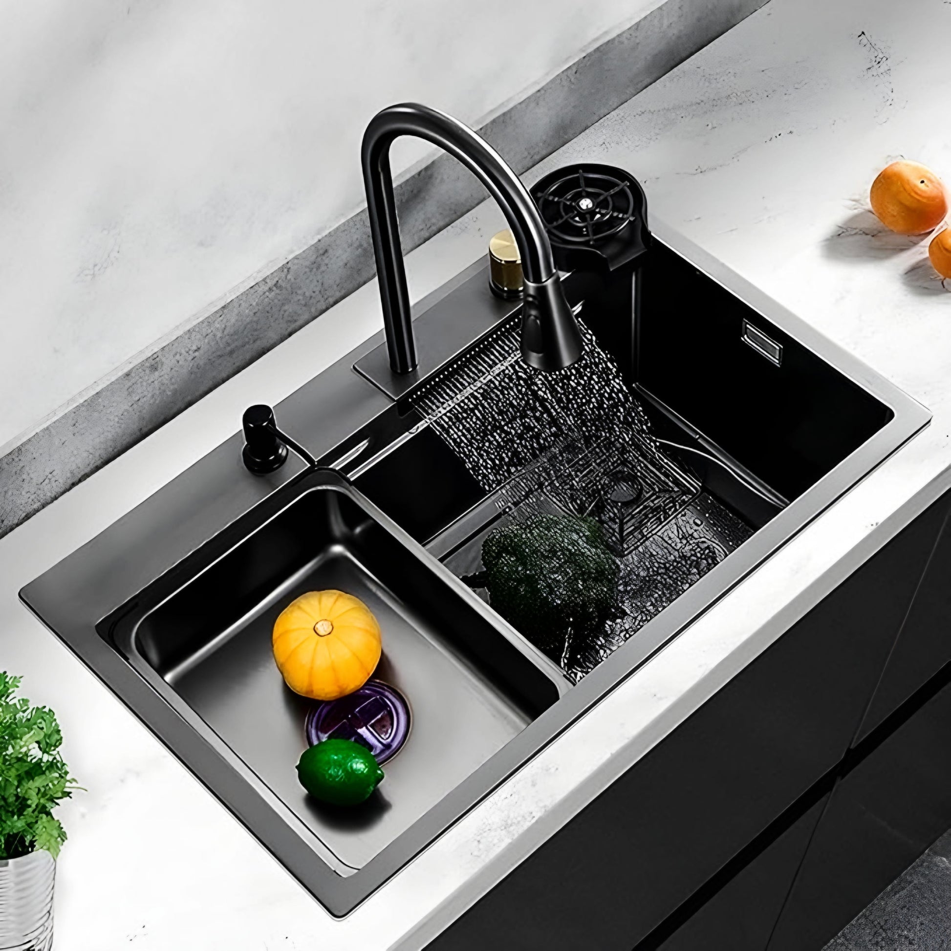 Euro 78 x 46 cm Waterfall Kitchen Sink with Sleek Square Strainer and Drainer