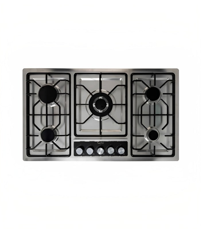A stainless steel 5 burner gas cooker with a standard size 90x50 cm, featuring battery ignition and five versatile burners.