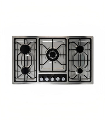 A stainless steel 5 burner gas cooker with a standard size 90x50 cm, featuring battery ignition and five versatile burners.