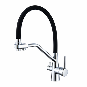 Modern kitchen faucet with black rubber hose on a white background