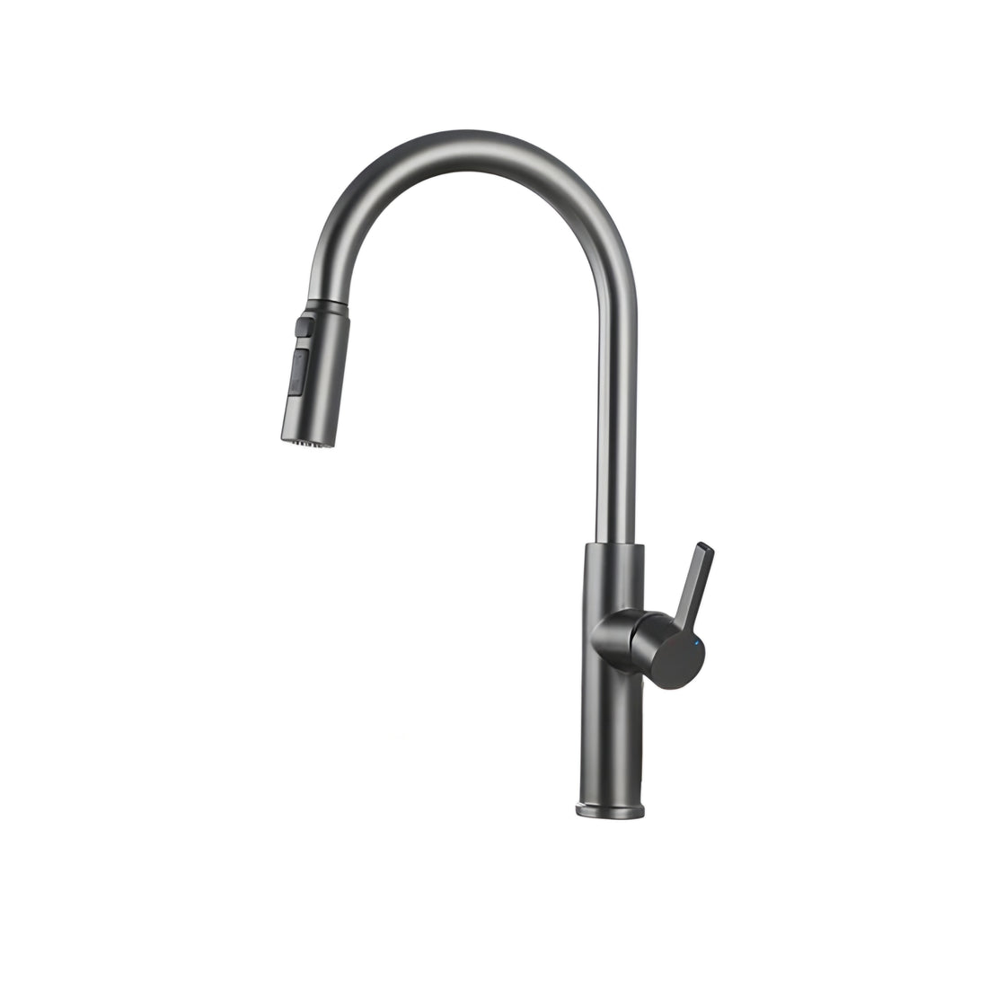 Black kitchen faucet with pull-down spray head on a white background