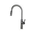 Black kitchen faucet with pull-down spray head on a white background
