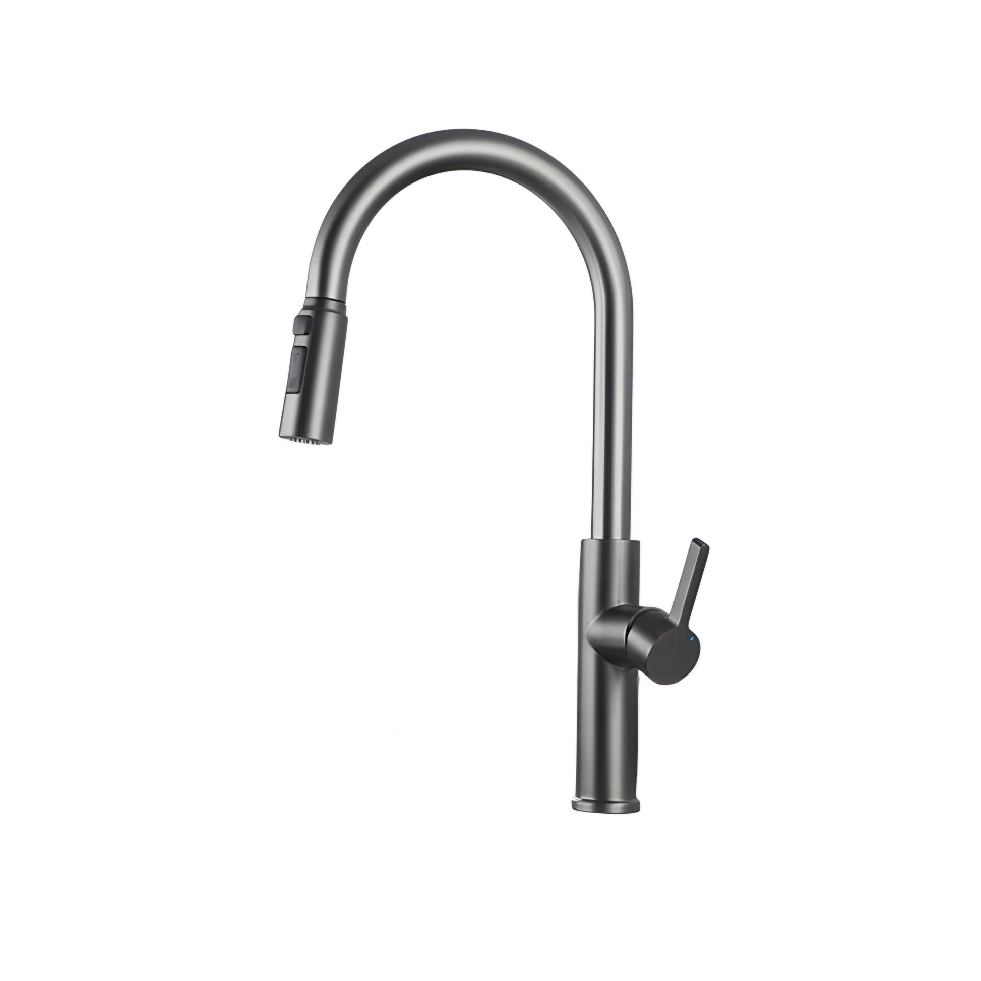 Black kitchen faucet with pull-down spray head on a white background