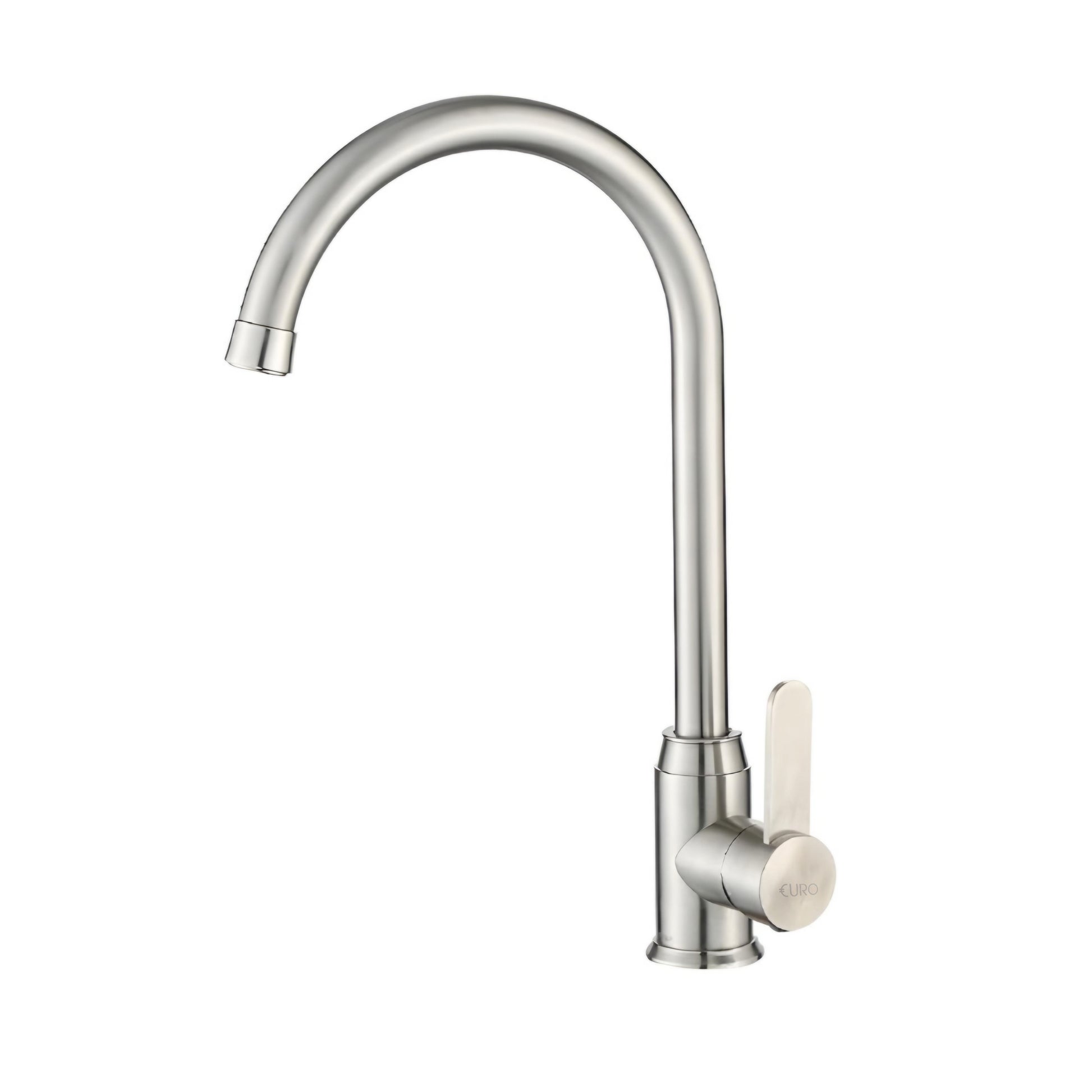 A silver Euro Kitchen Mixer Tap with a high-arch spout and a lever handle for cold water, against a white background.