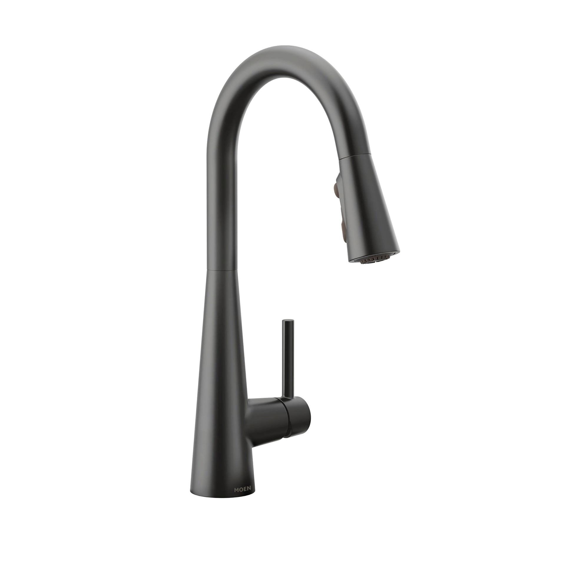 A black stainless steel Euro pullout kitchen tap with a pull-out sprayer and a 360-degree rotating faucet head.