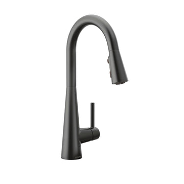 A black stainless steel Euro pullout kitchen tap with a pull-out sprayer and a 360-degree rotating faucet head.