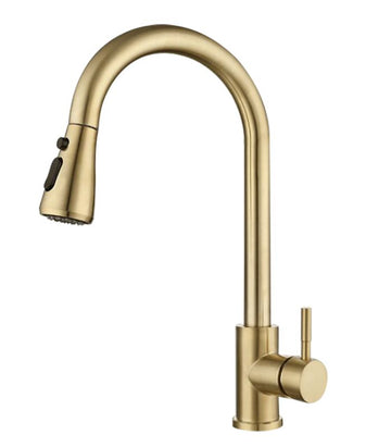 A gold-colored stainless steel pullout sink tap with a extended pull-out design and a single handle control.