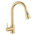 A gold-colored stainless steel pullout sink tap with a high arc 360-degree rotary nozzle and a pull-down handle.