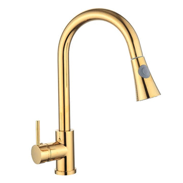 A gold-colored stainless steel pullout sink tap with a high arc 360-degree rotary nozzle and a pull-down handle.