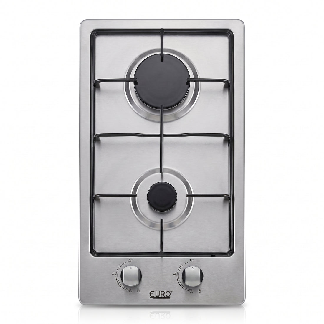 A stainless steel two-burner gas cooktop with black grate and control knobs, branded EURO, shown on a clean white background.