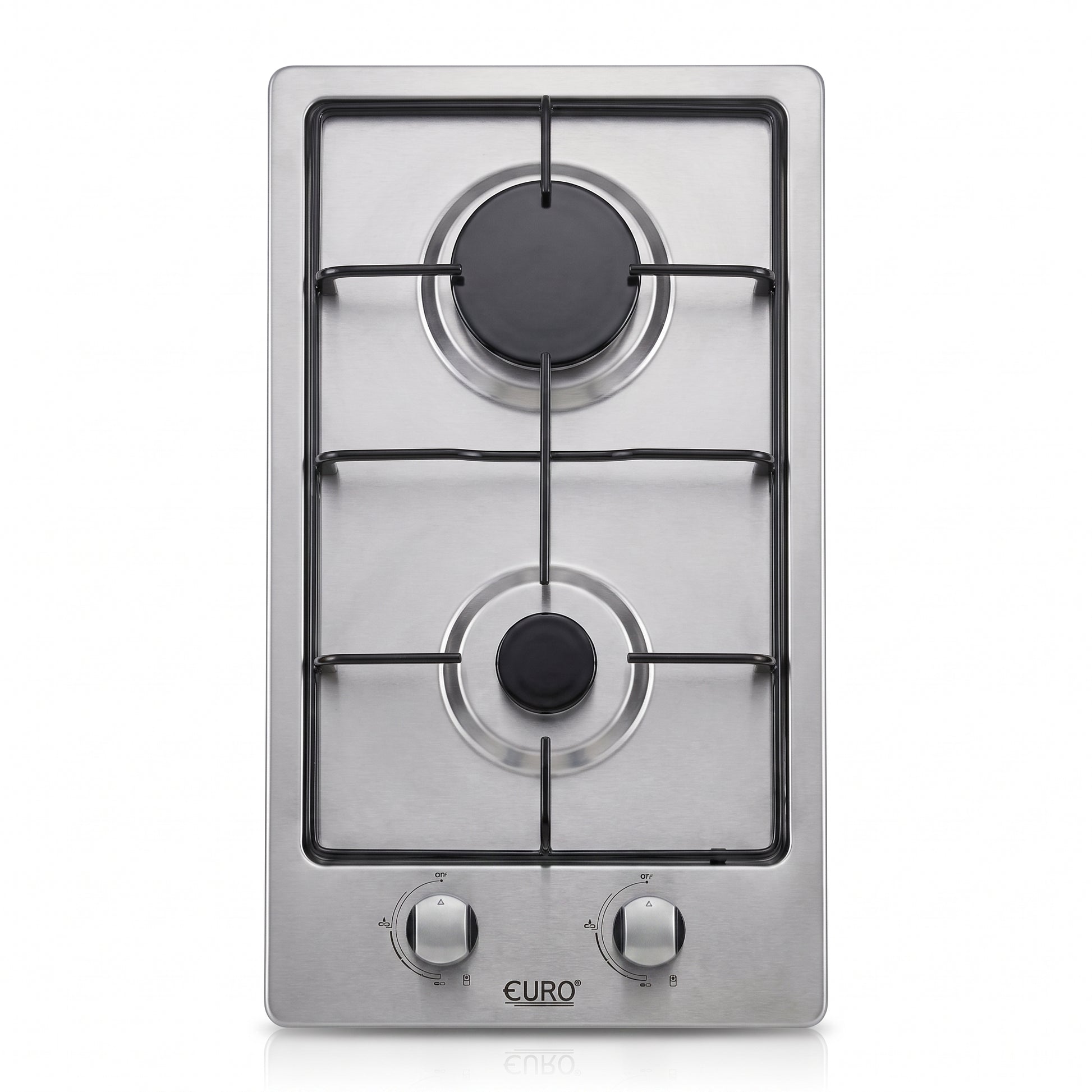 A stainless steel two-burner gas cooktop with black grate and control knobs, branded EURO, shown on a clean white background.