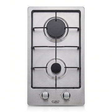 A stainless steel two-burner gas cooktop with black grate and control knobs, branded EURO, shown on a clean white background.