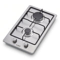 A Euro brand stainless steel gas hob with two black burner grates and two silver control knobs on a white background.