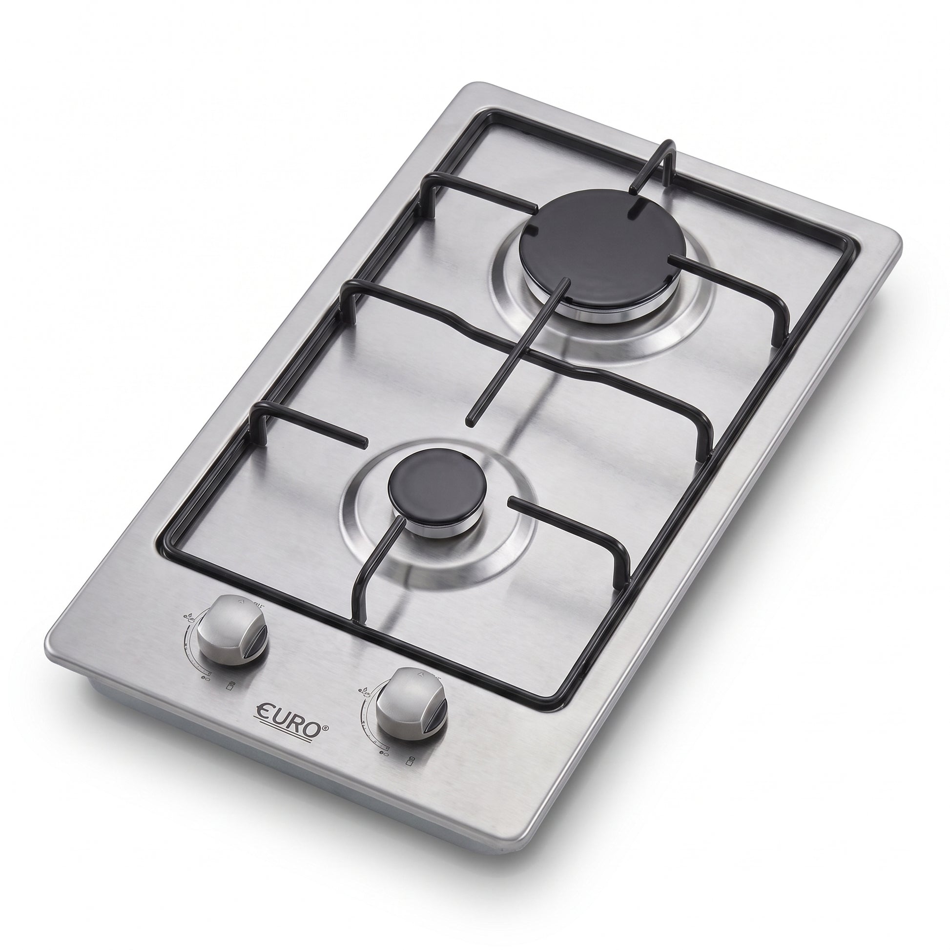 A Euro brand stainless steel gas hob with two black burner grates and two silver control knobs on a white background.