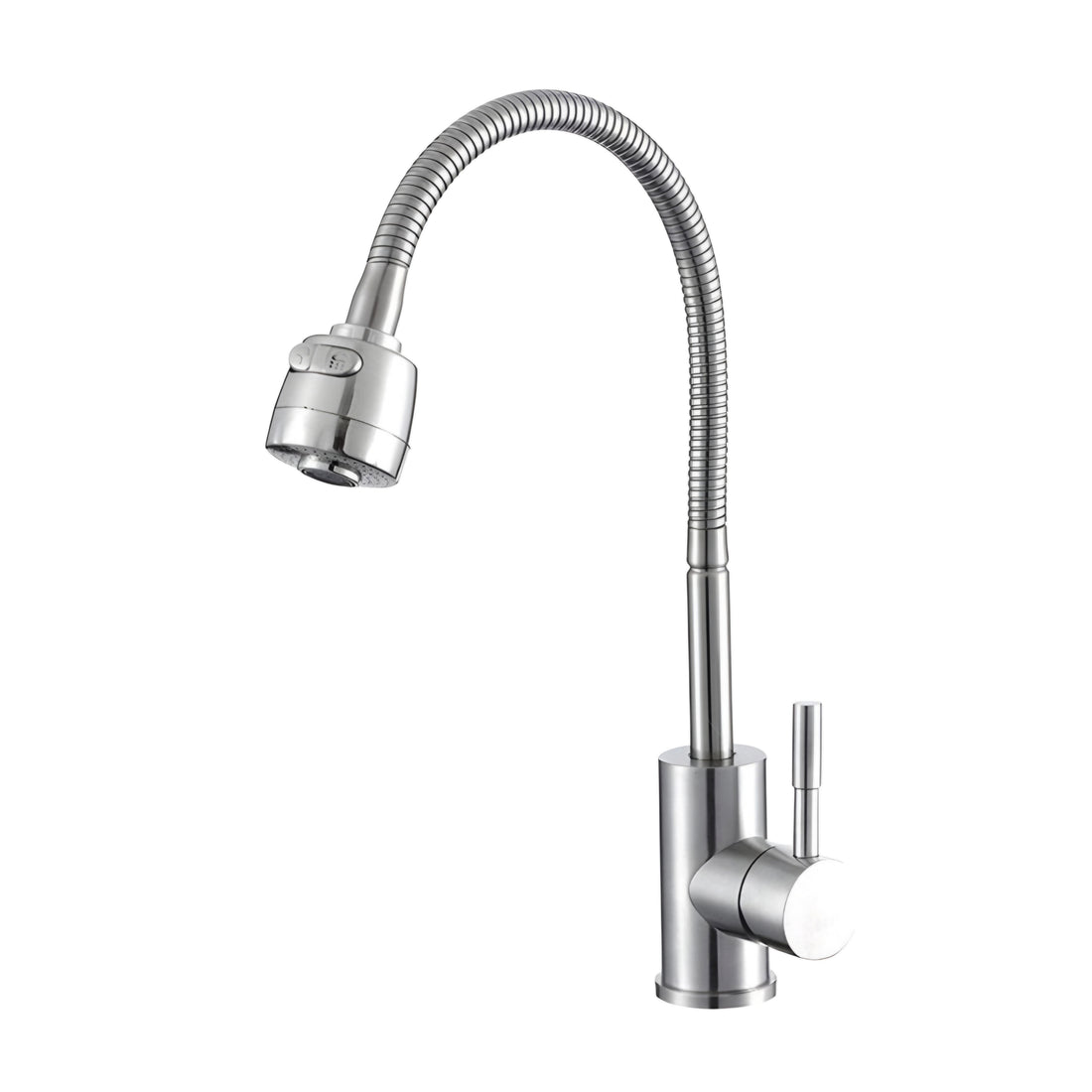 A silver-colored, flexible kitchen faucet with a swan neck design and a single handle.