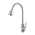 A silver-colored, flexible kitchen faucet with a swan neck design and a single handle.