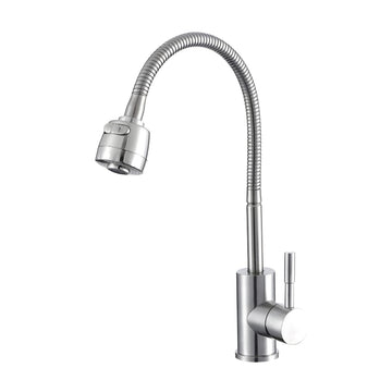 A silver-colored, flexible kitchen faucet with a swan neck design and a single handle.