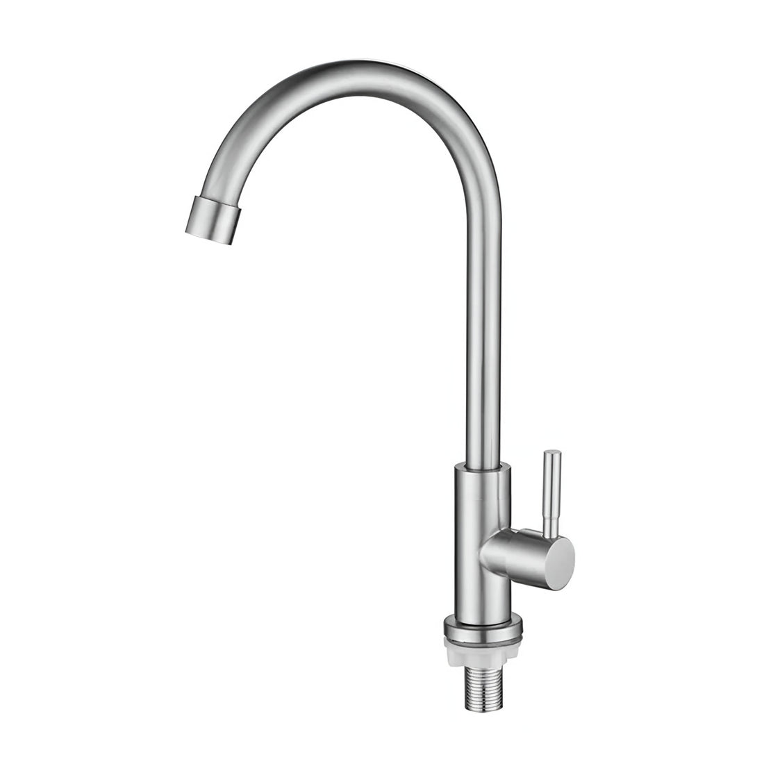 A stainless steel kitchen faucet with a high-arched swan neck spout and a 360-degree swivel joint.