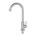 A stainless steel kitchen faucet with a high-arched swan neck spout and a 360-degree swivel joint.