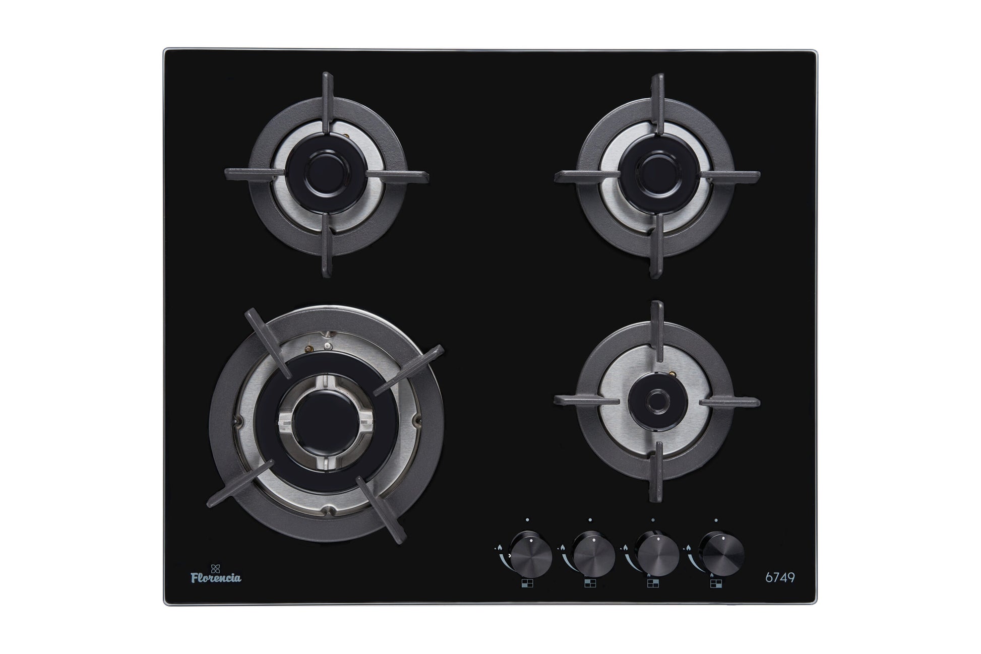 Black gas stove with four burners on a white background