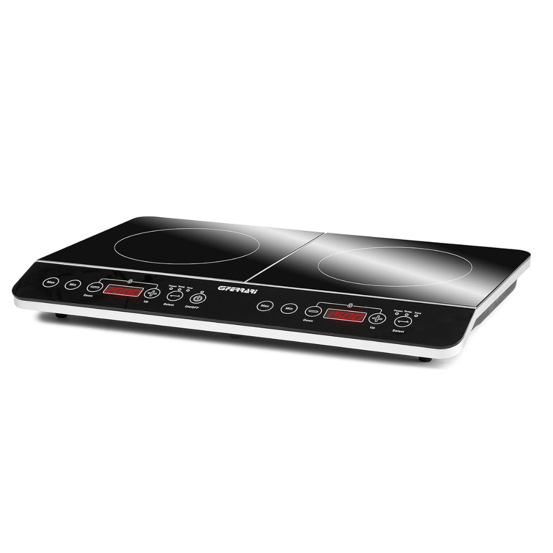 Induction cooktop with digital display on a white background