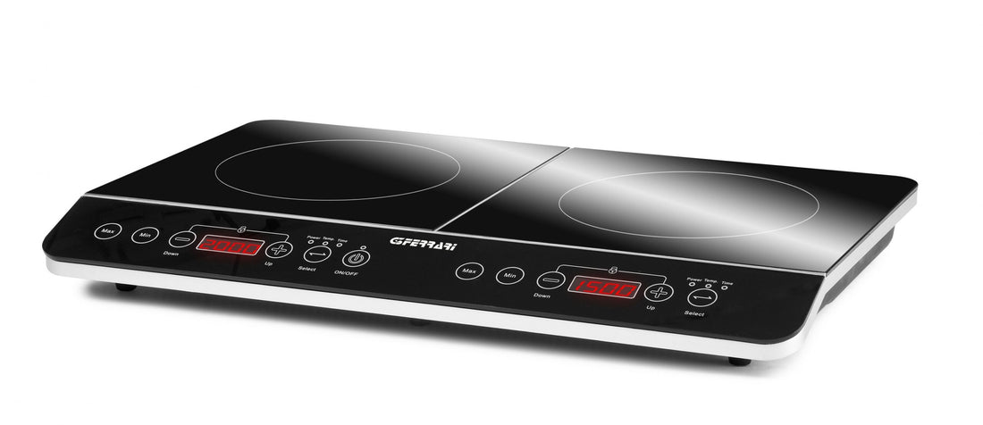 A black 2 burner induction cooktop with digital displays and touch controls.