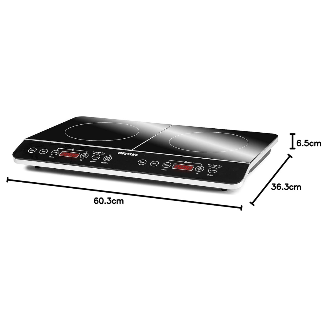 Induction cooktop with dimensions labeled on a white background