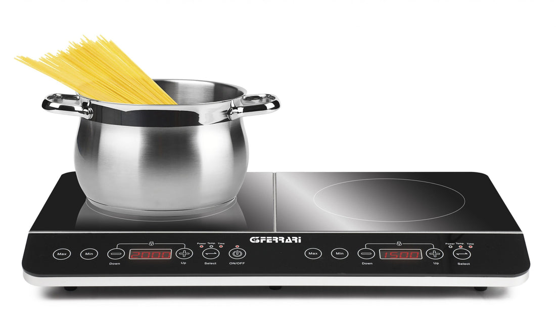 A black 2 burner induction cooktop with digital displays and touch controls.